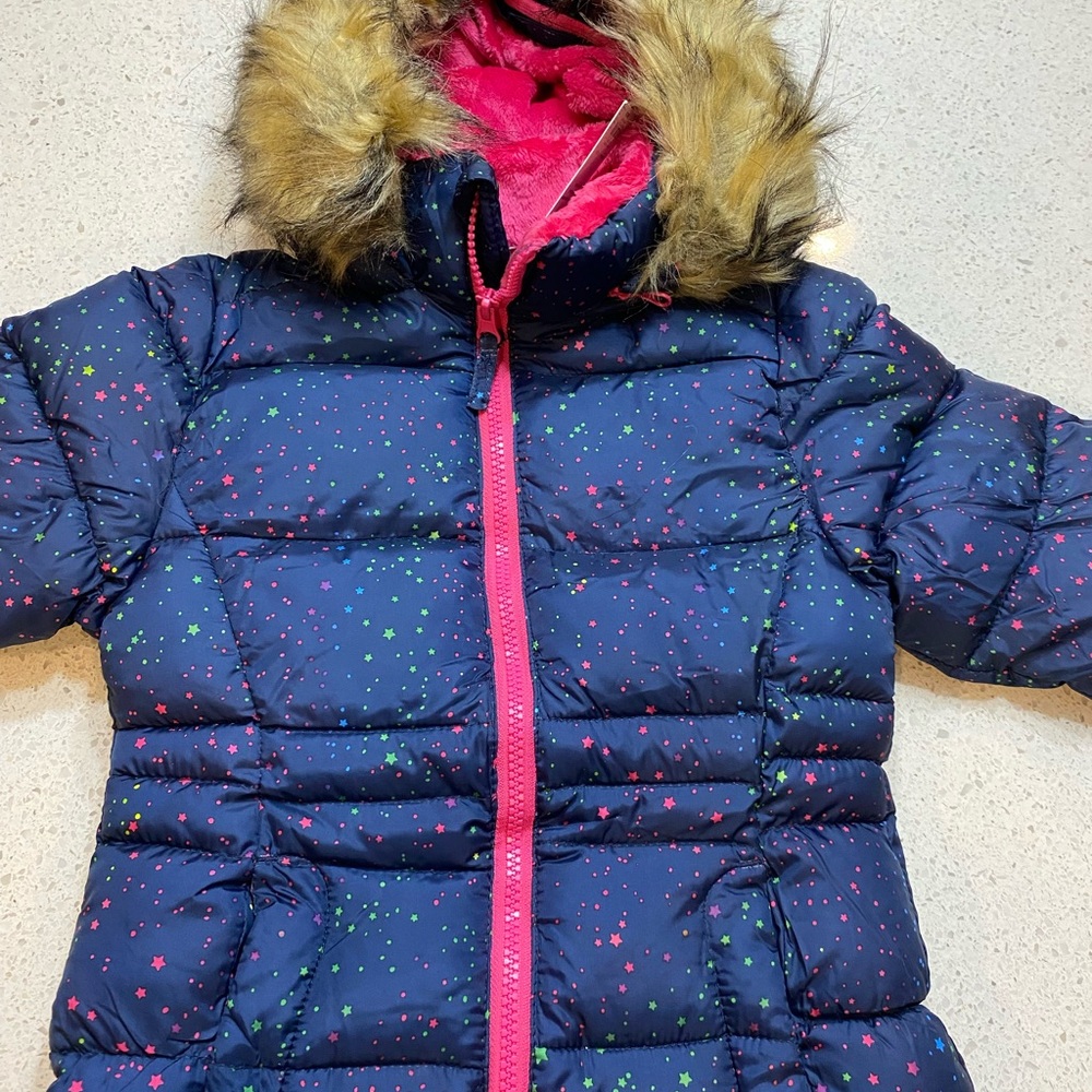 So Girls size 4/5 Puffer Jacket Lined Hooded Coat Faux Fir Lined Full Zip Blue